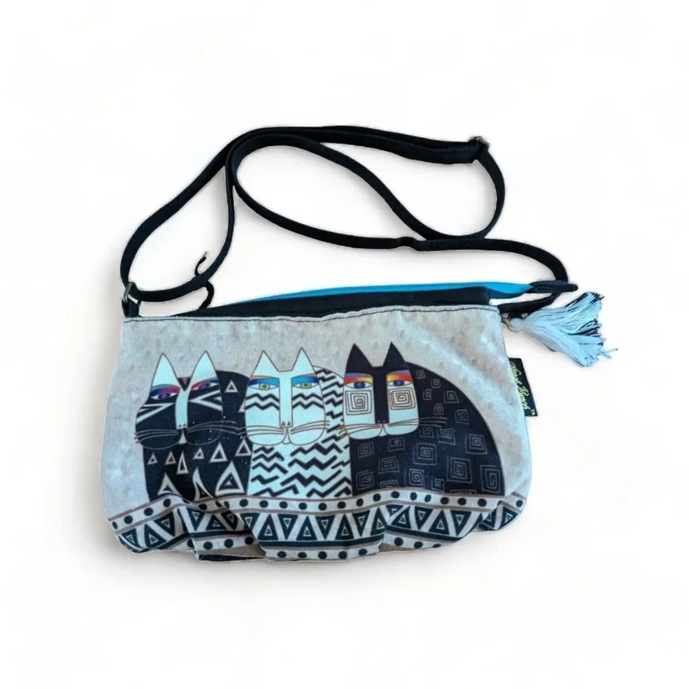 Wild Cats Laurel Burch Small Canvas Cross-Body Tote Bag Fun Crazy Cat Lady EUC